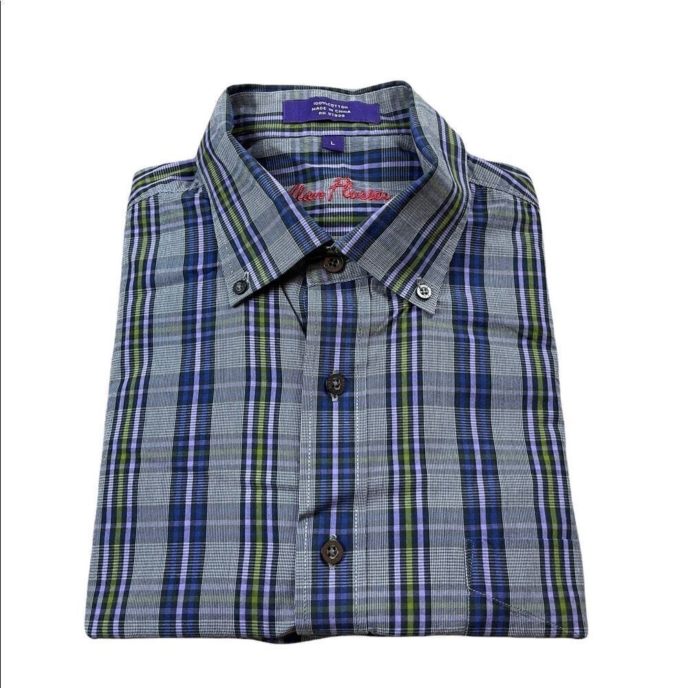 Alan Flusser Shirt Mens Large‎ L Blue Plaid Long Sleeve Button Down Shirt